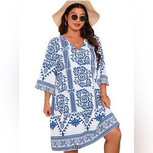 Beautiful Blue and White V-Neck 3/4 Sleeve Dress Size Medium